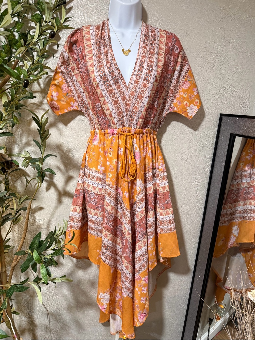 Asymmetrical Floral Wrap Dress in Mustard and Rust